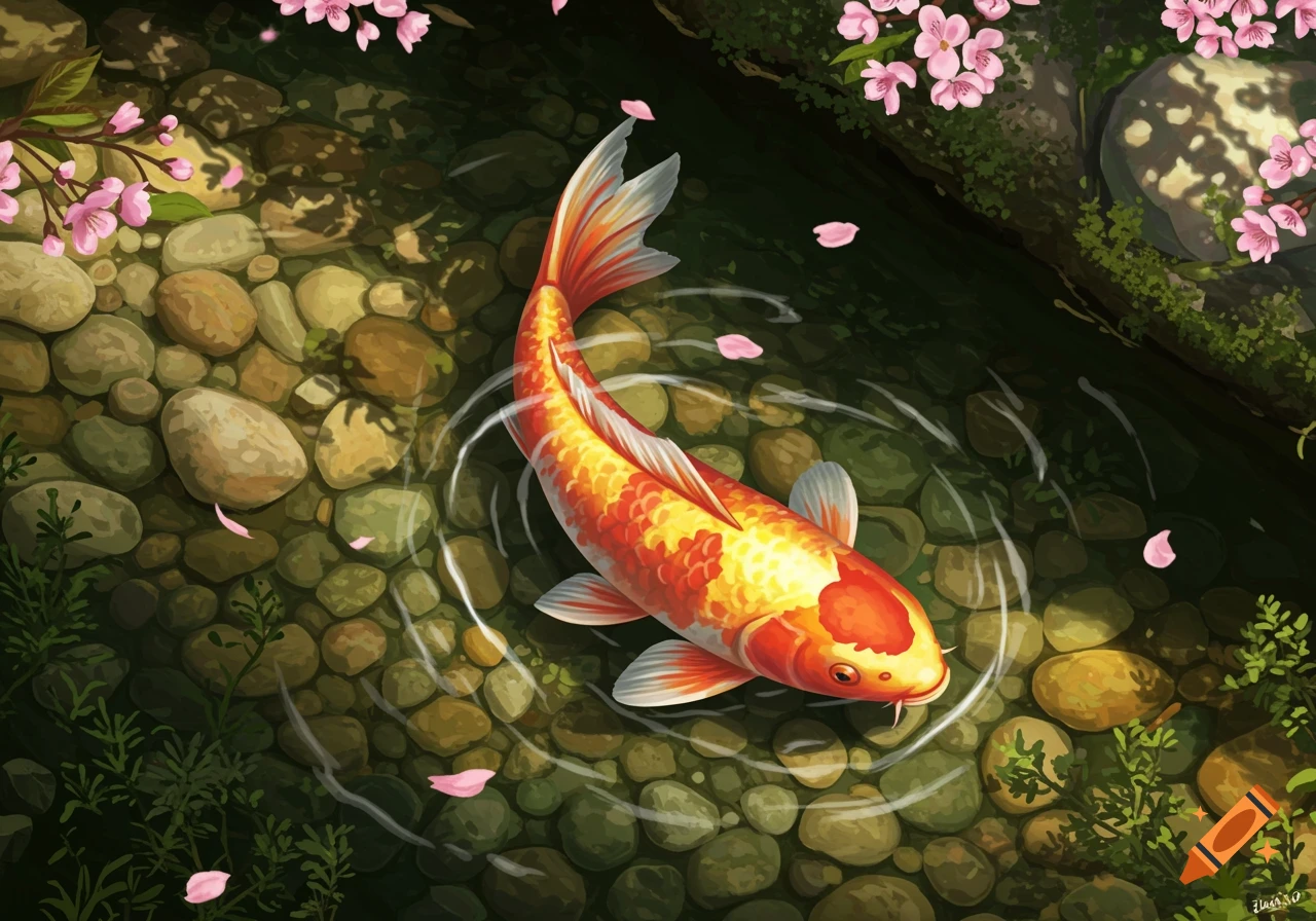 An artistic illustration of a vibrant orange and white koi fish swimming in a clear pond with rocks, green plants, and pink cherry blossom petals floating on the water.