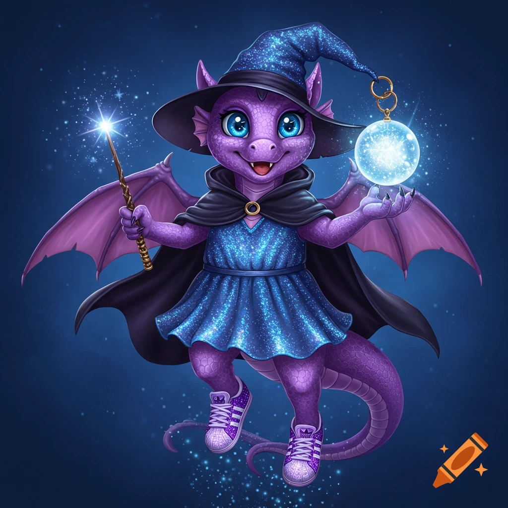 A cute purple dragon with blue eyes dressed as a witch in a sparkly blue dress, black cape, and hat, holding a wand and a glowing crystal ball, wearing sparkly purple shoes and levitating.