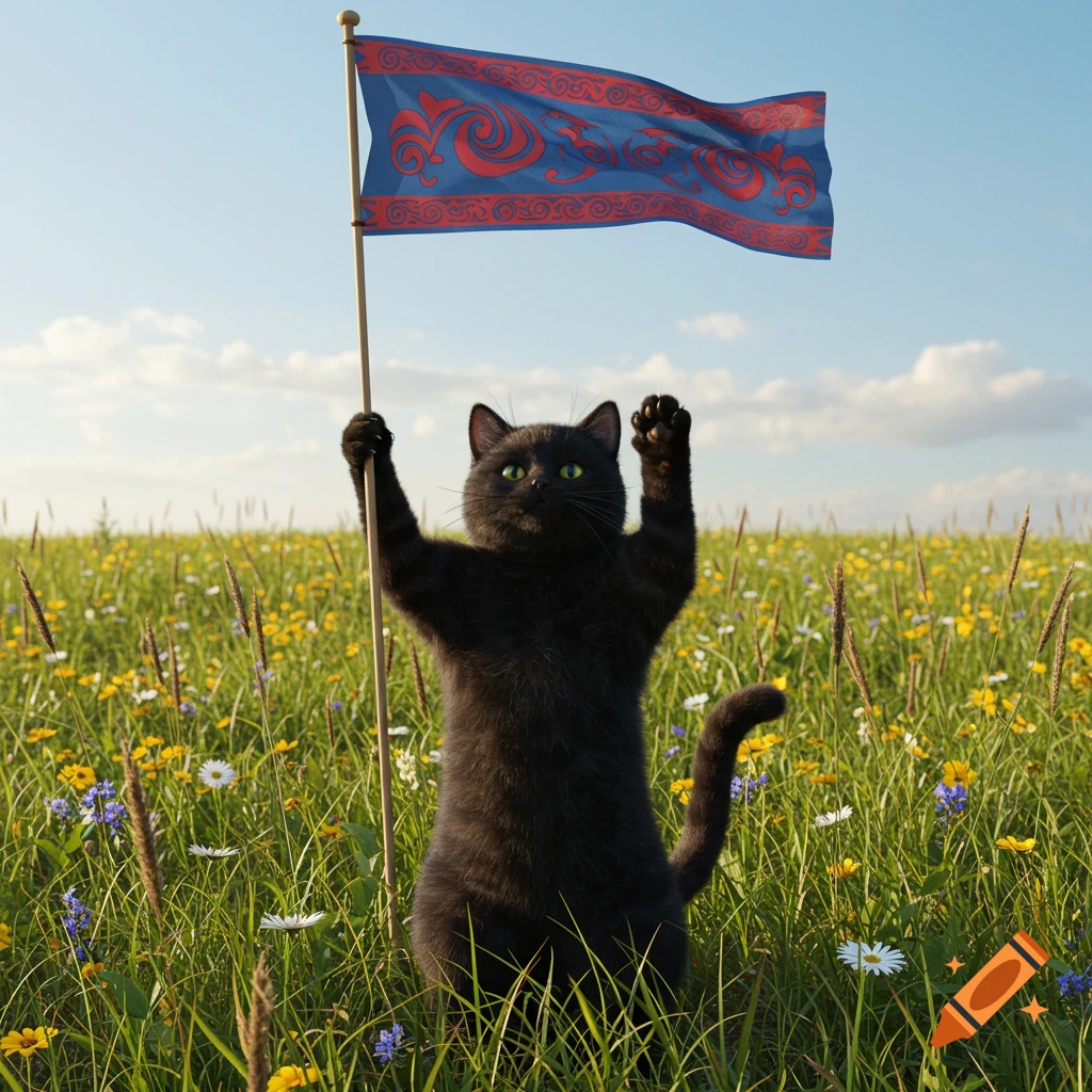 A photorealistic black cat stands in a field of wildflowers, holding a blue flag with red intricate patterns.