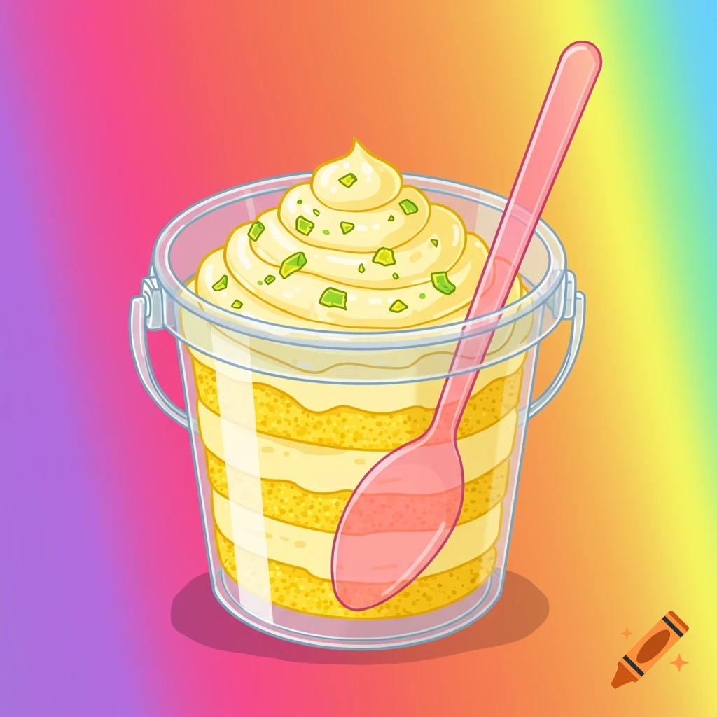 Cartoon illustration of a layered lemon cake dessert bucket with frosting, green sprinkles, and a pink spoon on a rainbow background.