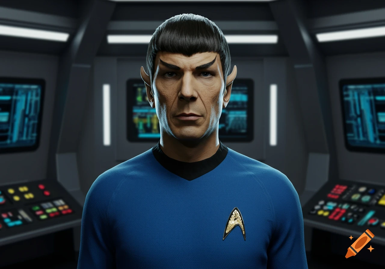 A photorealistic portrayal of Spock in a blue Starfleet uniform, standing on a spaceship bridge.