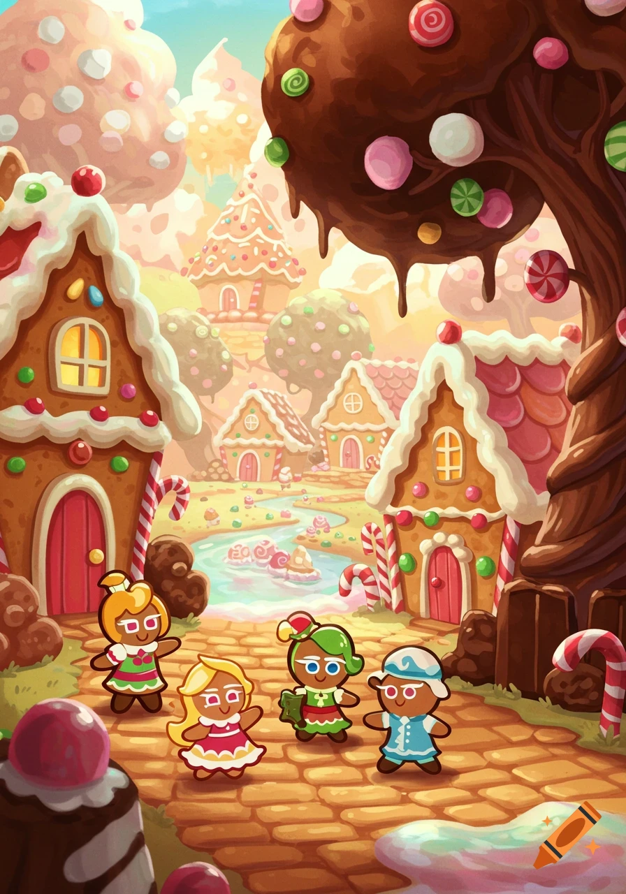 A vibrant cartoon gingerbread village with cookie characters, candy houses, and a river, set under a pastel sky.