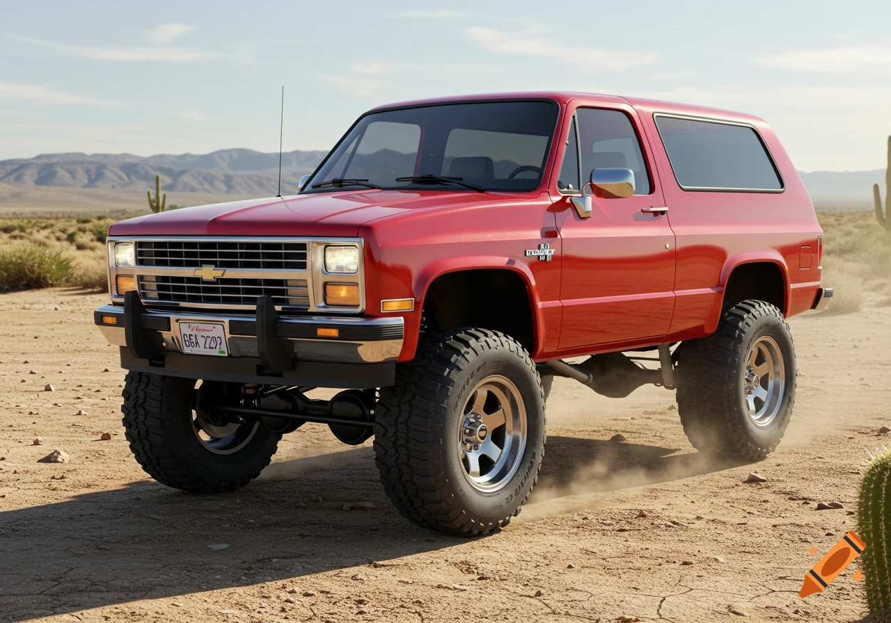 A red 1992 Chevy Blazer K1500 with a lift kit and off-road tires drives on a dusty desert road with mountains in the background, photorealistic style.