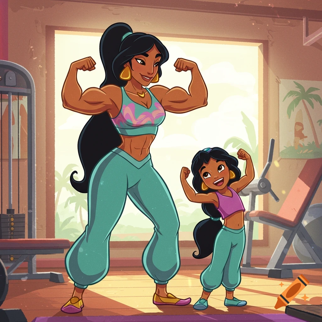 A muscular adult Jasmine character and a young child resembling her pose and flex their biceps in a bright cartoon gym.