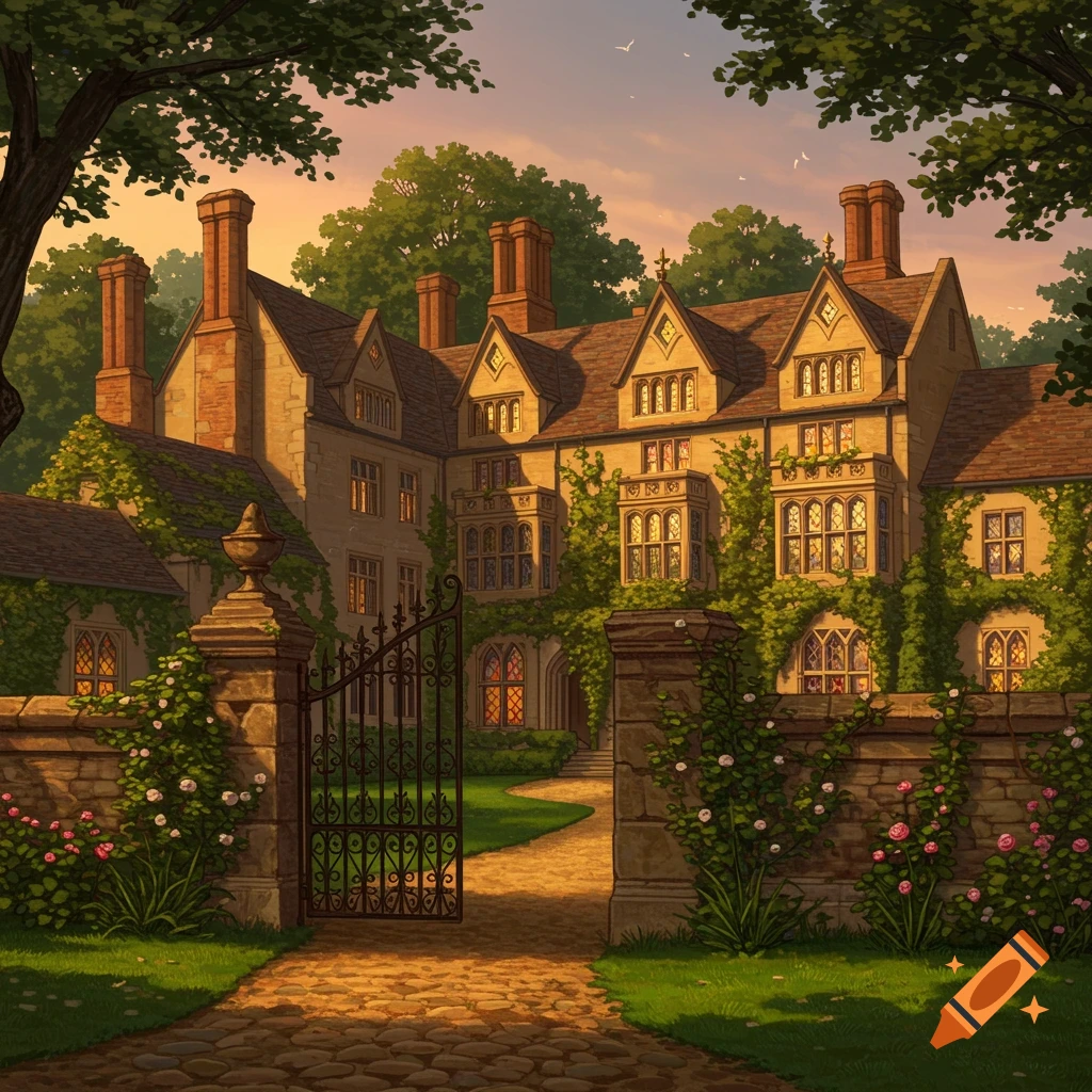 A grand Tudor-style manor house covered in ivy, seen through an open wrought-iron gate on a cobblestone path at sunset.