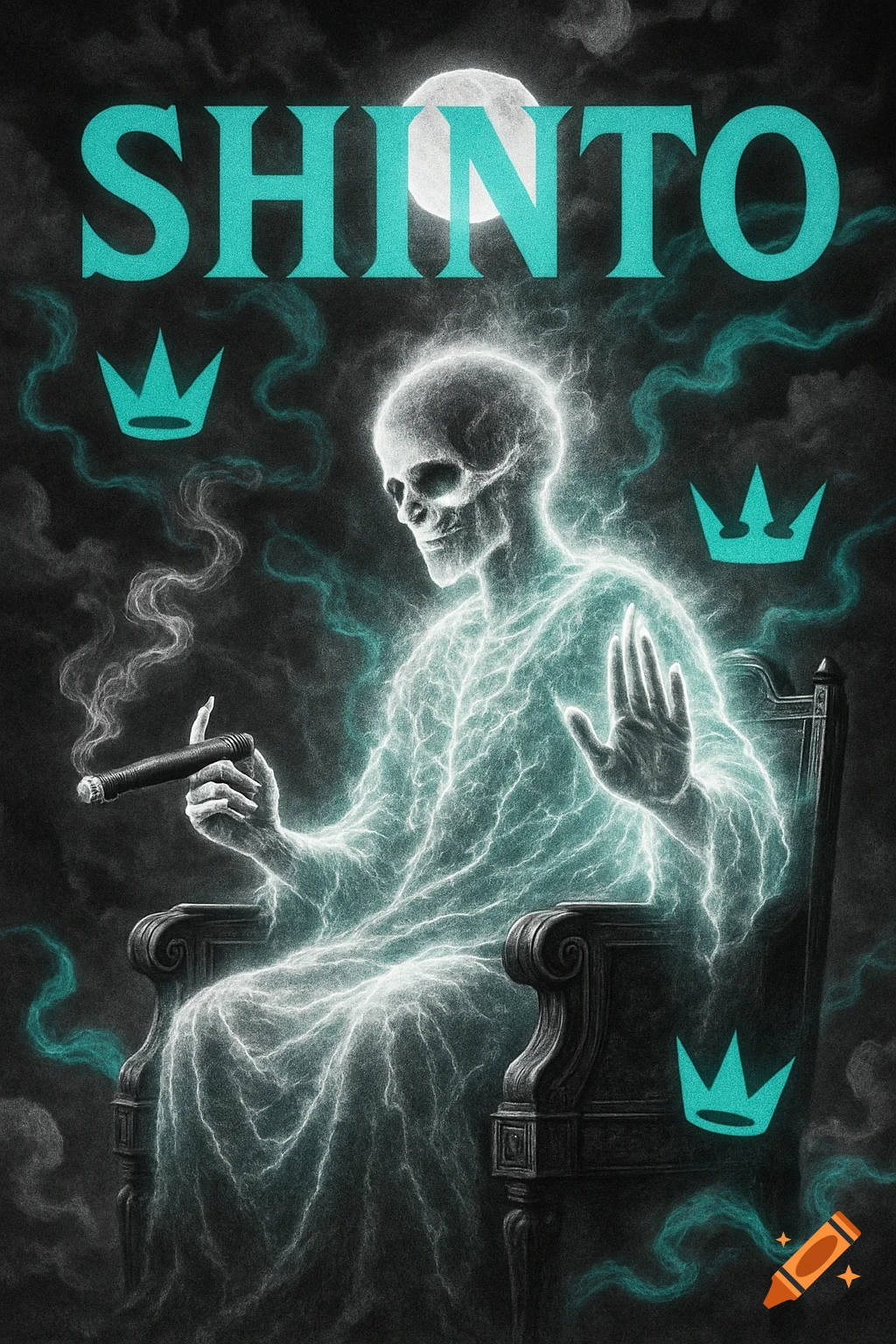 A glowing, electric skeleton in a chair holds a cigar, with the word SHINTO, turquoise crowns, and a moon in a dark, textured background.