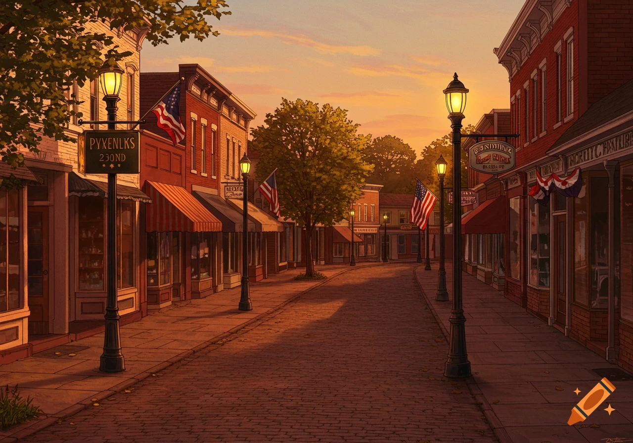 A charming historic main street in a small town, featuring brick buildings, awnings, lampposts, and American flags under a warm sunset sky.