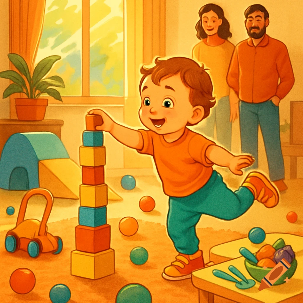 A happy cartoon toddler stacks colorful blocks in a bright playroom as parents watch in the background.