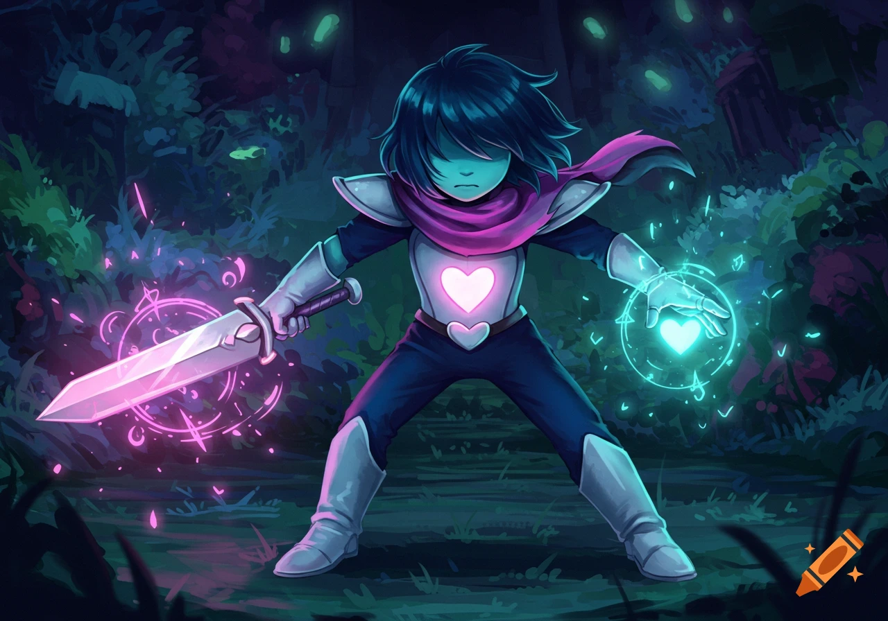 Kris from Deltarune stands in a dark forest, holding a glowing pink sword and casting blue magic with a heart in their hand.