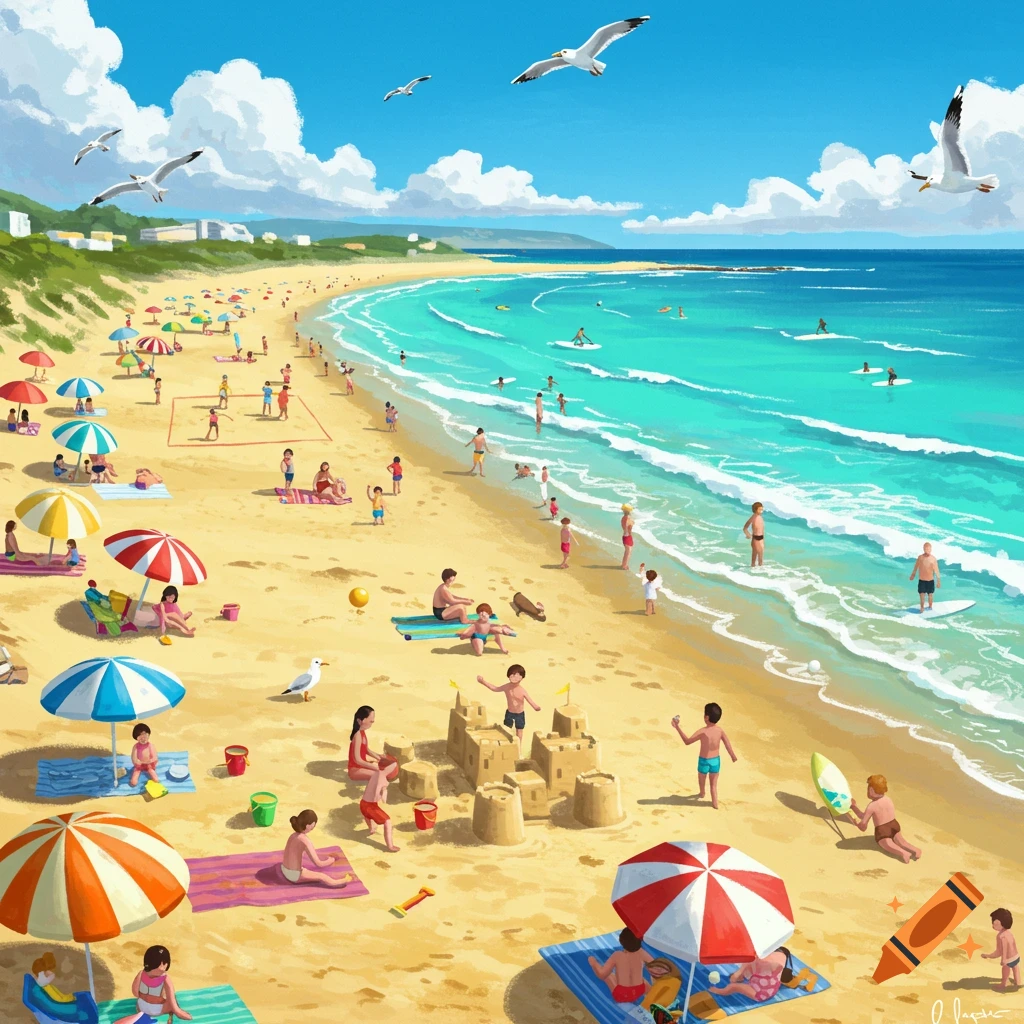 A vibrant illustration of a busy beach scene with many people swimming, sunbathing, building sandcastles, and playing on a sunny day.