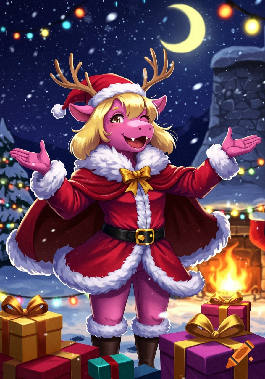A smiling pink cartoon reindeer-like character with blonde hair wears a red Santa suit with a gold belt buckle and bow, standing outdoors at night amidst falling snow, with Christmas lights, presents, and a fireplace in the background.