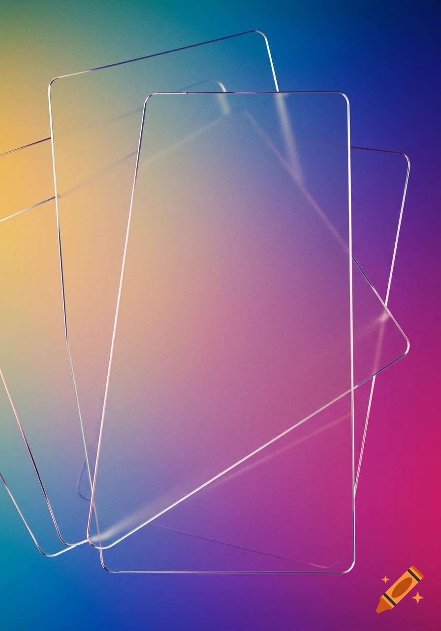 Layered, transparent glass-like rectangles with rounded corners over a vibrant gradient background of yellow, pink, purple, and blue.