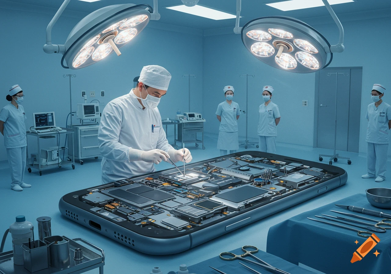 A surgeon operates on a giant smartphone in an operating room, surrounded by nurses and medical equipment. The scene is lit with bright, cool clinical lighting.
