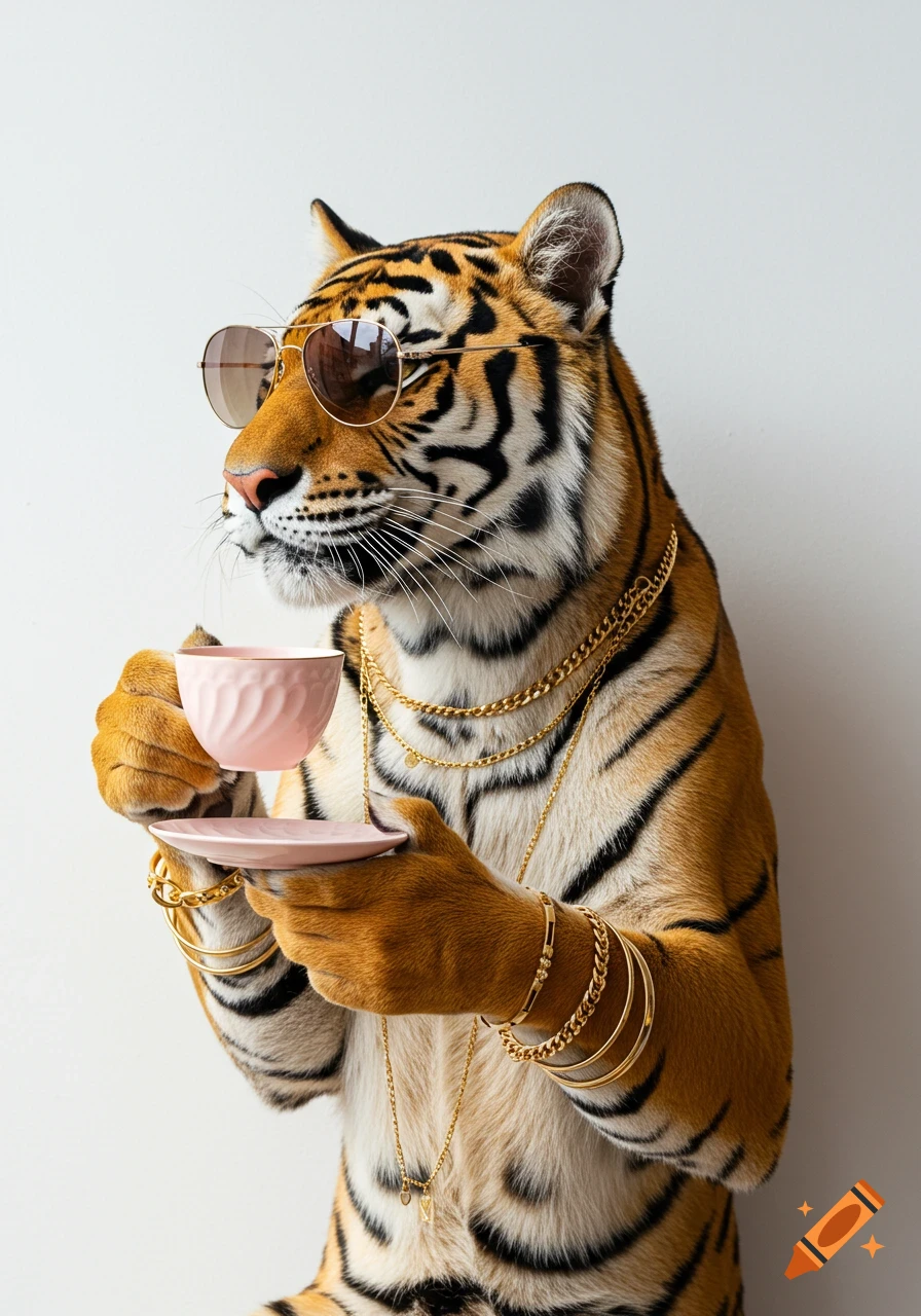 A stylish tiger wearing sunglasses and gold jewelry holds a pink teacup on a white background, photorealistic.