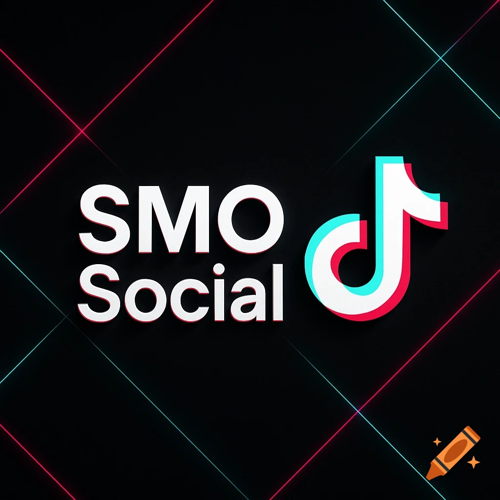White 'SMO Social' text next to a TikTok logo on a dark background with red and blue neon diagonal lines.