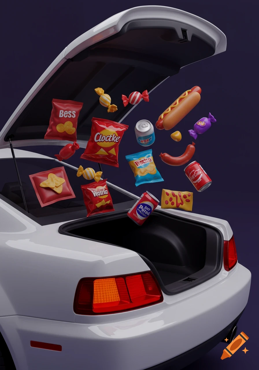 3D render of a white sports car with its trunk open, spilling out various cartoonish snacks and drinks against a dark purple background.