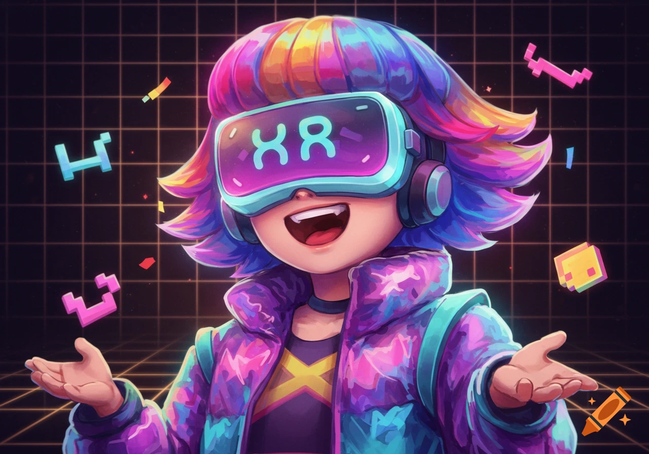 A vibrant cartoon character wearing a neon VR headset smiles with open hands against a grid background.