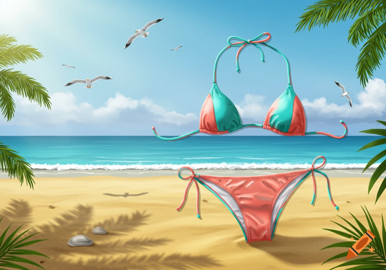 A coral and teal bikini lies on a sandy beach with palm shadows under a blue sky, overlooking the ocean with seagulls flying.