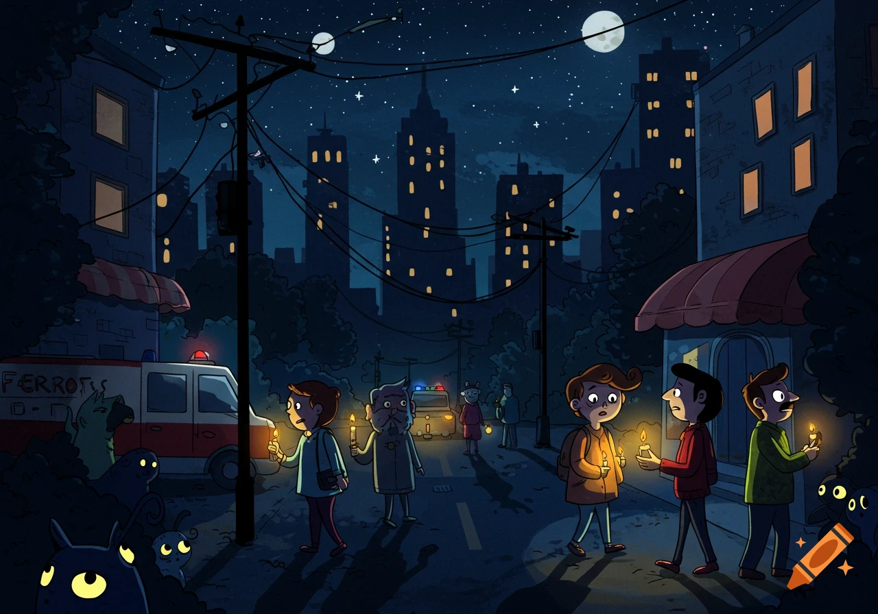 Cartoon illustration of a city blackout at night, with people carrying candles and small creatures with glowing eyes in the shadows.