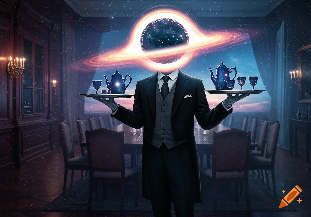 A black hole-headed butler in a suit holds trays of space-themed teaware in an elegant dining room under a cosmic sky.