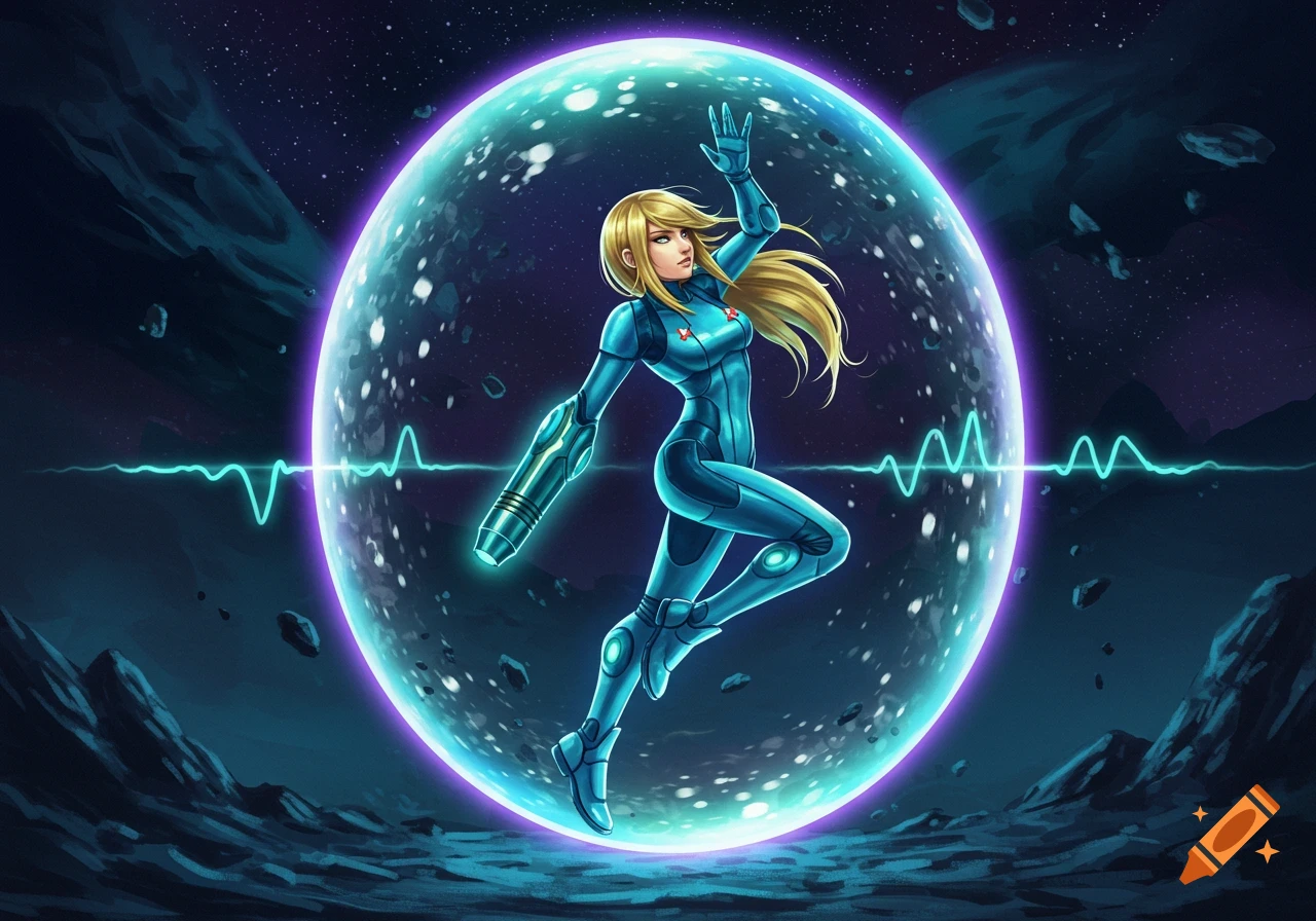Anime-style Zero Suit Samus in a blue suit, floating inside a glowing force field in a cosmic setting with a planet.