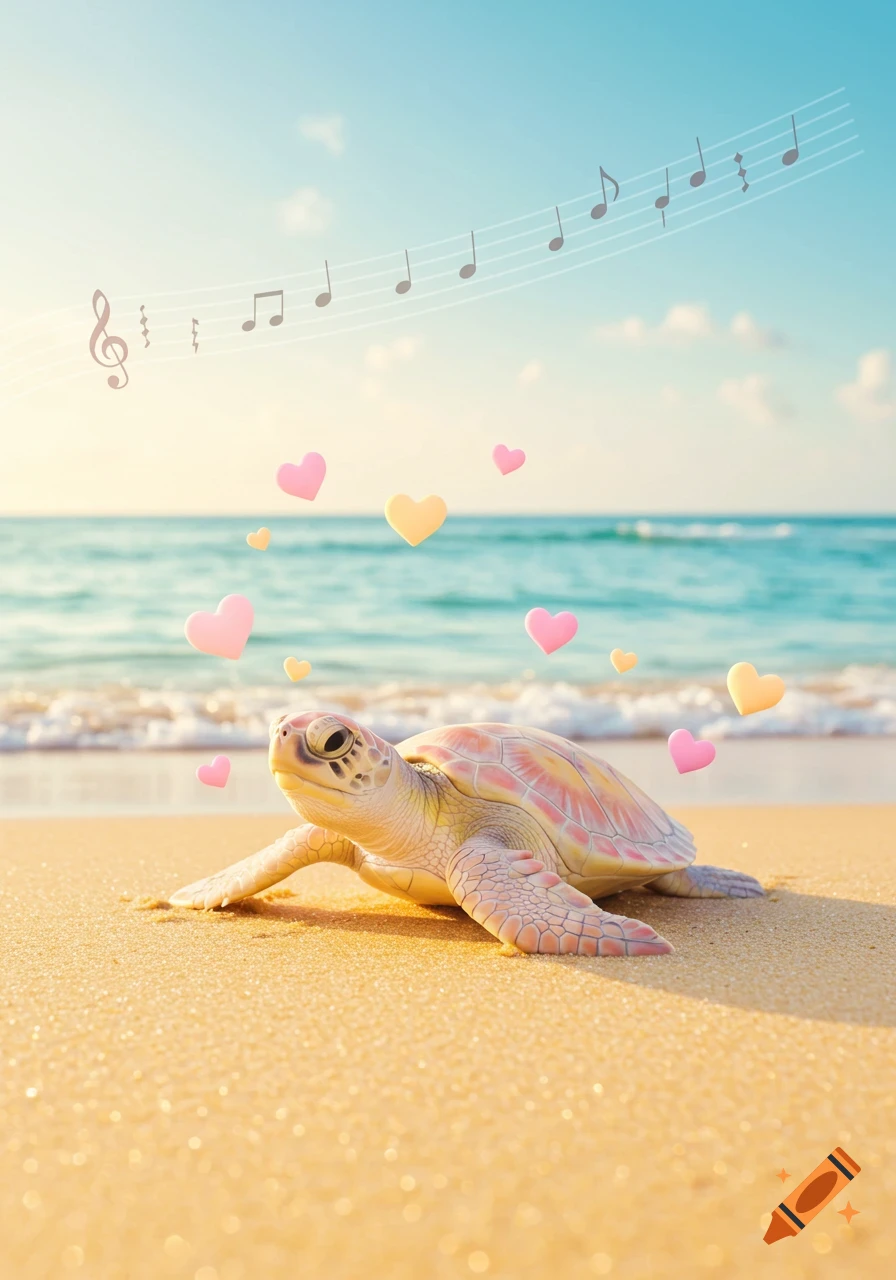 A pastel-colored turtle on a sunny beach with floating hearts and music notes in the sky, ocean in background.