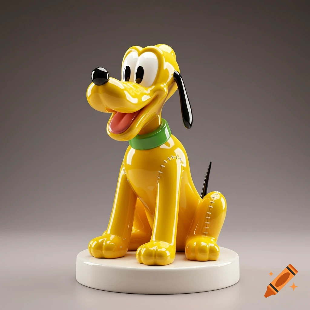 A shiny yellow ceramic Pluto the Dog figurine with a green collar sits on a white base.