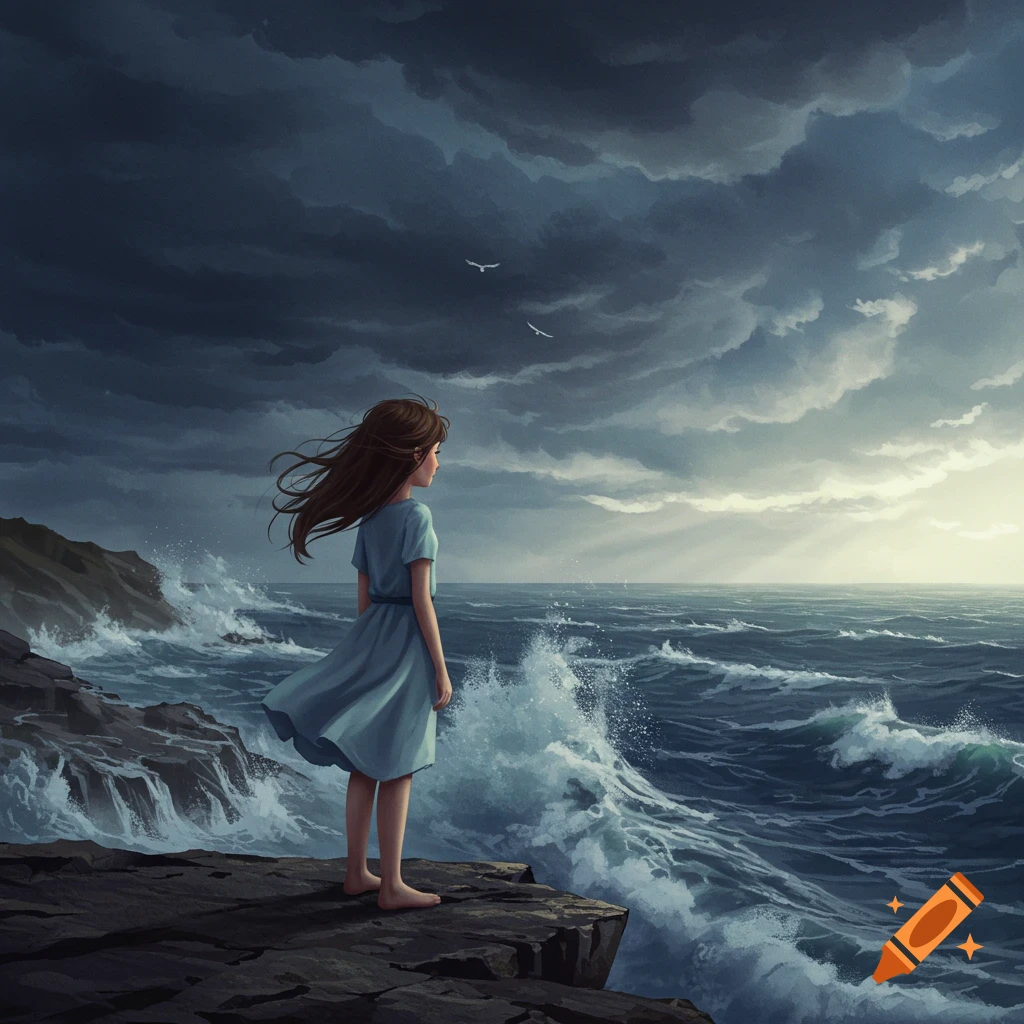 An illustration of a girl with long brown hair standing on a rocky cliff, looking out at a stormy, turbulent ocean under dark clouds.