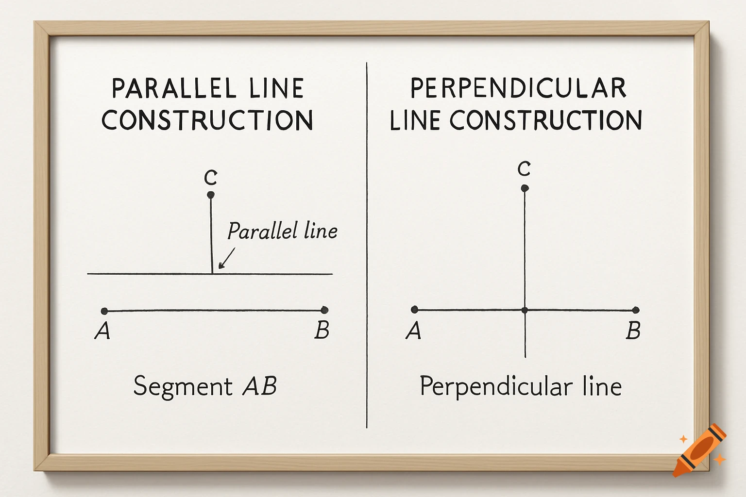 Two framed diagrams showing geometric constructions: parallel line through point C to segment AB, and perpendicular line to segment AB through point C.
