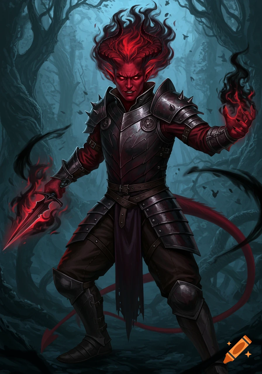 A menacing red-skinned Tiefling with fiery hair and black armor stands in a dark forest, holding a glowing red dagger and casting black magic.