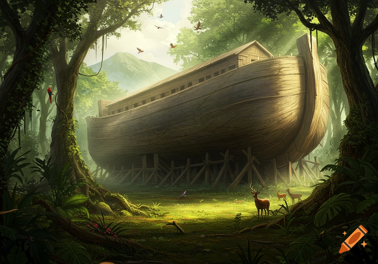 A large wooden ark stands in a lush, sunlit jungle clearing with deer and birds.
