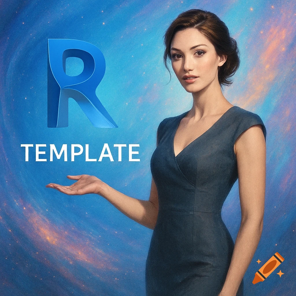A woman in a blue dress stands before a blue R-logo and "TEMPLATE" text, with a galaxy background. Photorealistic style.