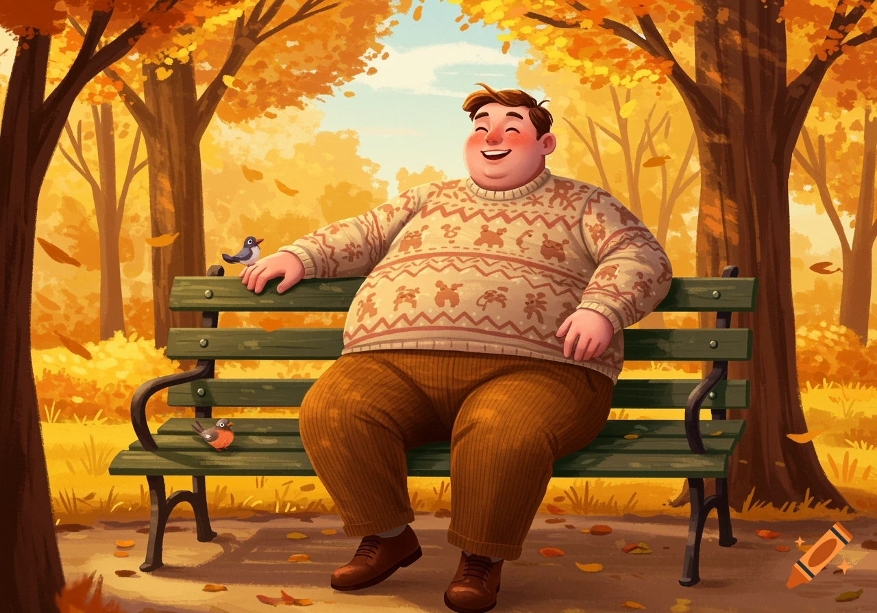 A chubby man happily sitting on a park bench during autumn, with colorful trees and fallen leaves around him, in a cartoon illustration style.