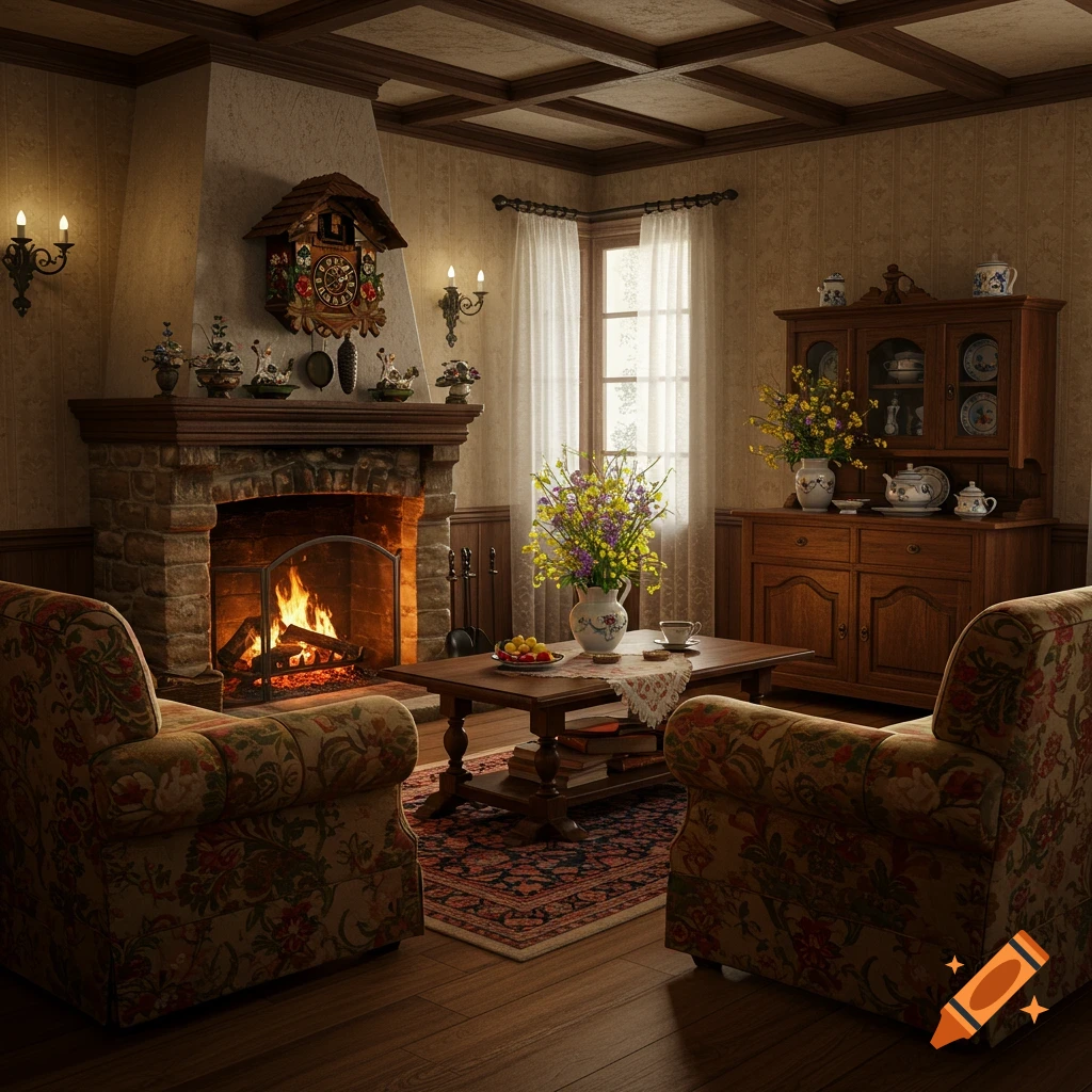 A photorealistic traditional living room with a lit stone fireplace, floral armchairs, a wooden coffee table, and a cuckoo clock.