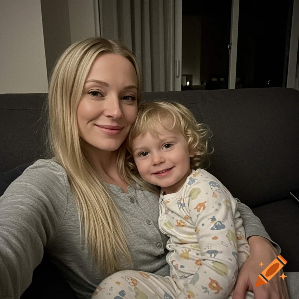 A blonde woman smiles while holding a young child with curly hair in pajamas, sitting on a couch at night.