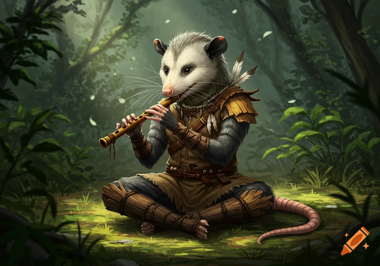 An anthropomorphic opossum in survivalist gear plays a bamboo flute in a green forest, digital painting style.