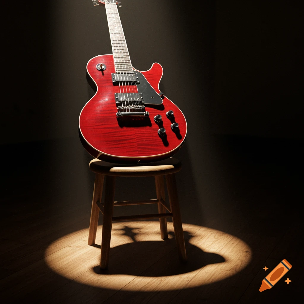 A red electric guitar stands on a wooden stool, illuminated by a spotlight against a dark background.