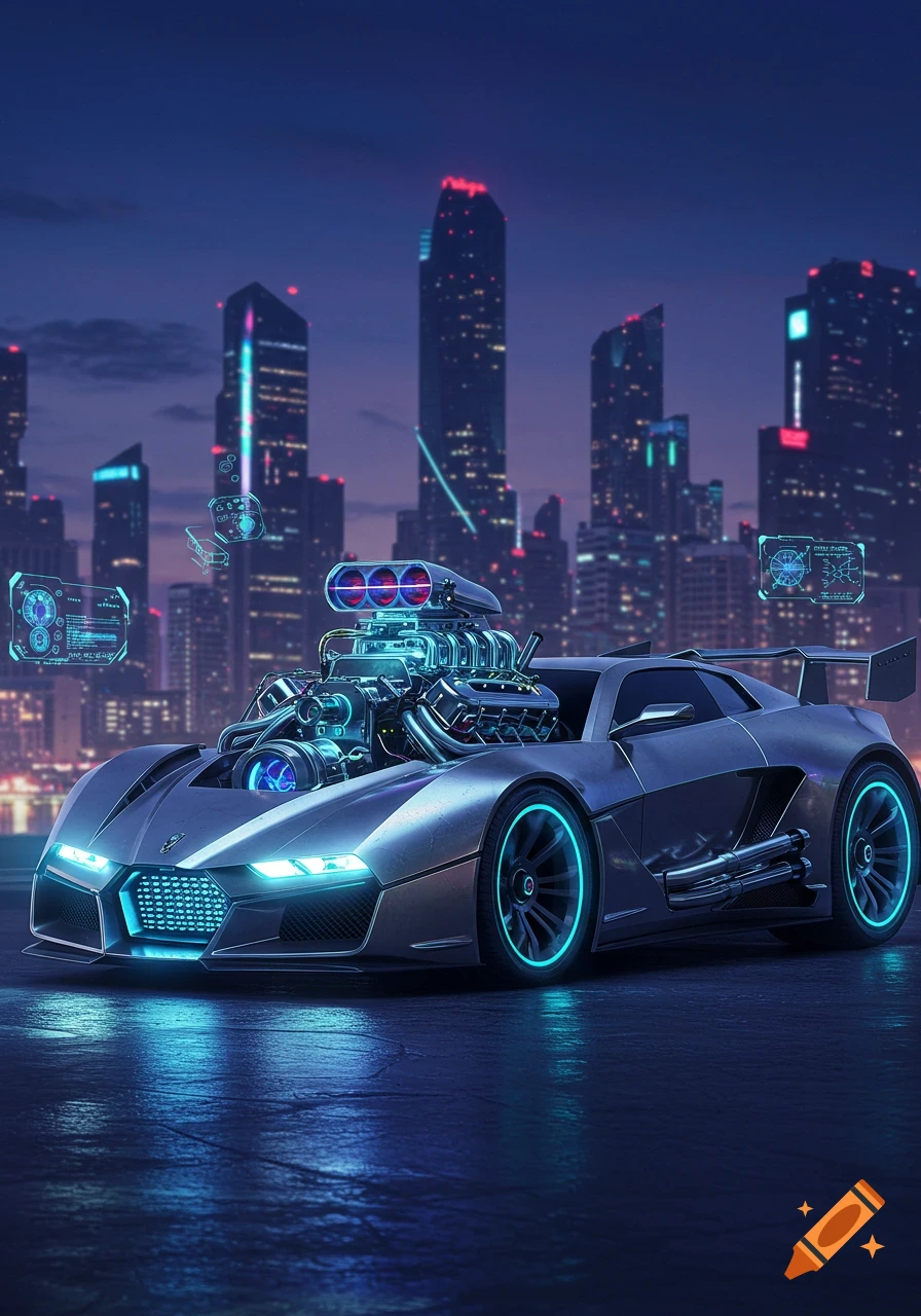 A futuristic grey sports car with a giant exposed blue-lit engine, parked on a wet surface with a neon-lit cityscape in the background.