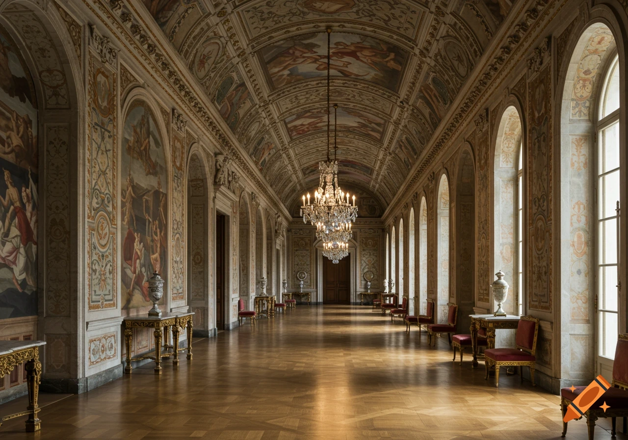 A long, ornate hall with a high vaulted ceiling, chandeliers, murals, and a polished wooden floor.