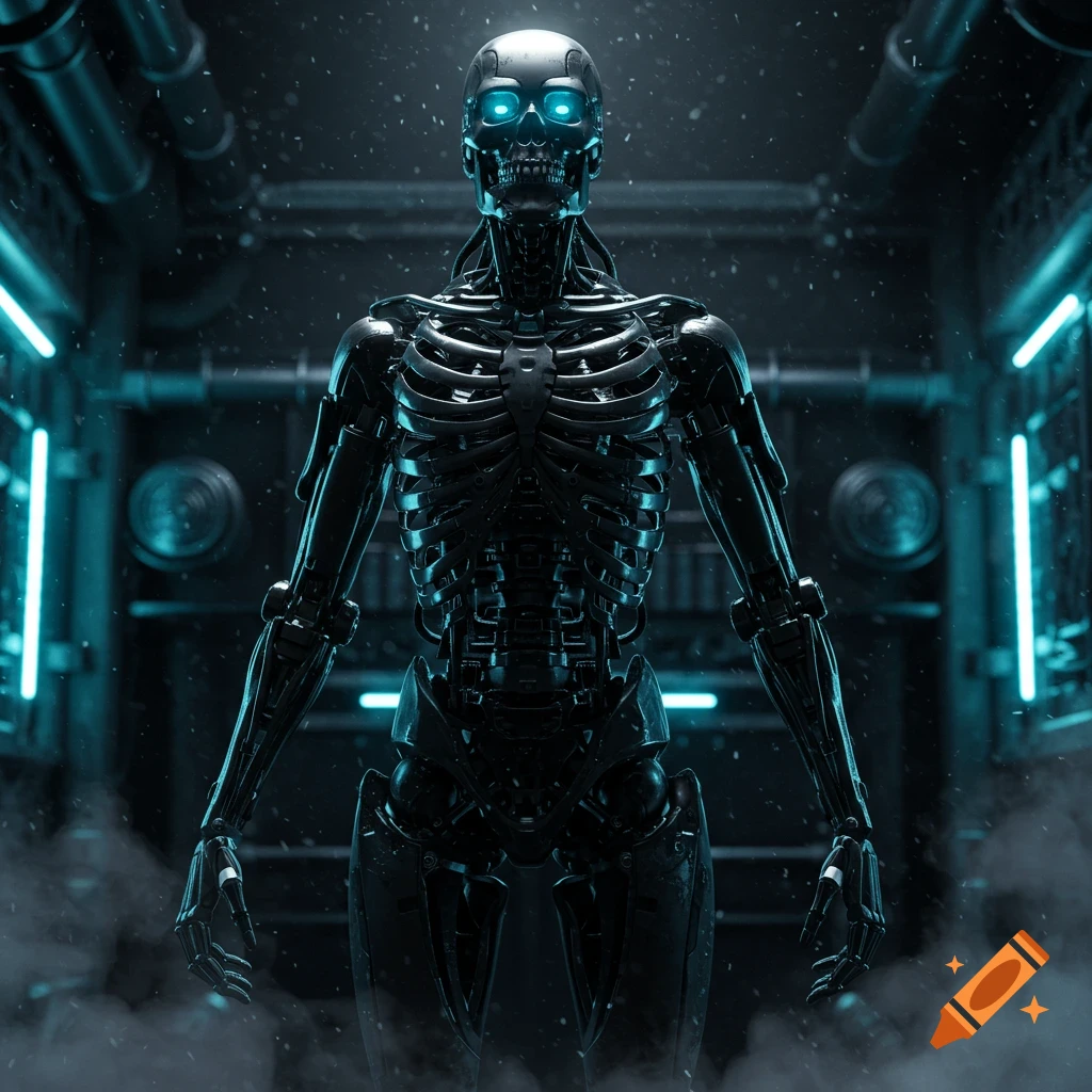 Glossy black metallic cybernetic skeleton robot with glowing blue eyes in a dark, smoky, futuristic industrial setting.