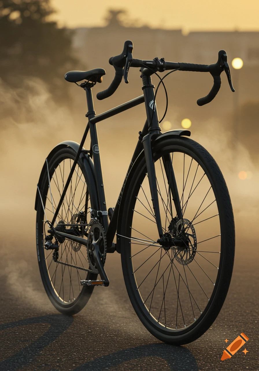 A black road bike with fenders stands on an asphalt road at sunset.