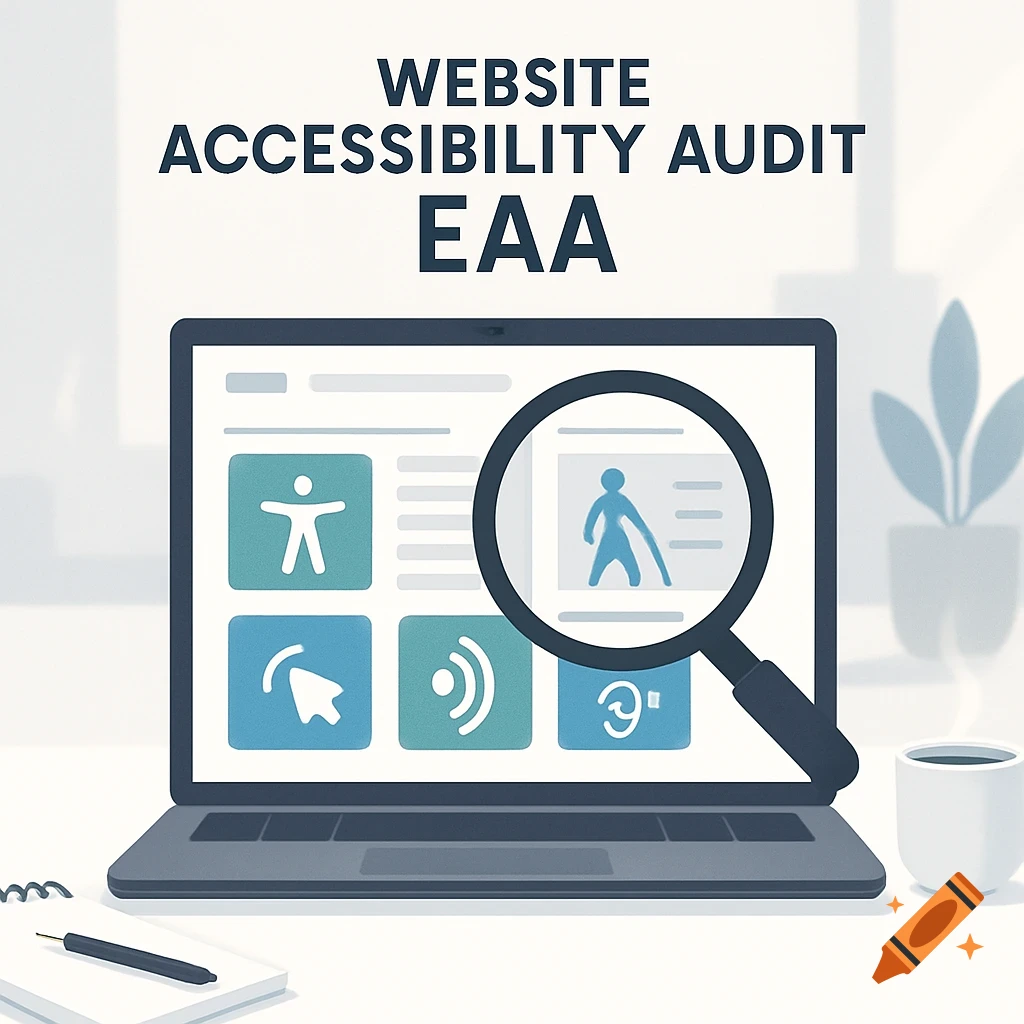 Illustration of a laptop with accessibility icons, magnifying glass, and text 'WEBSITE ACCESSIBILITY AUDIT EAA'.