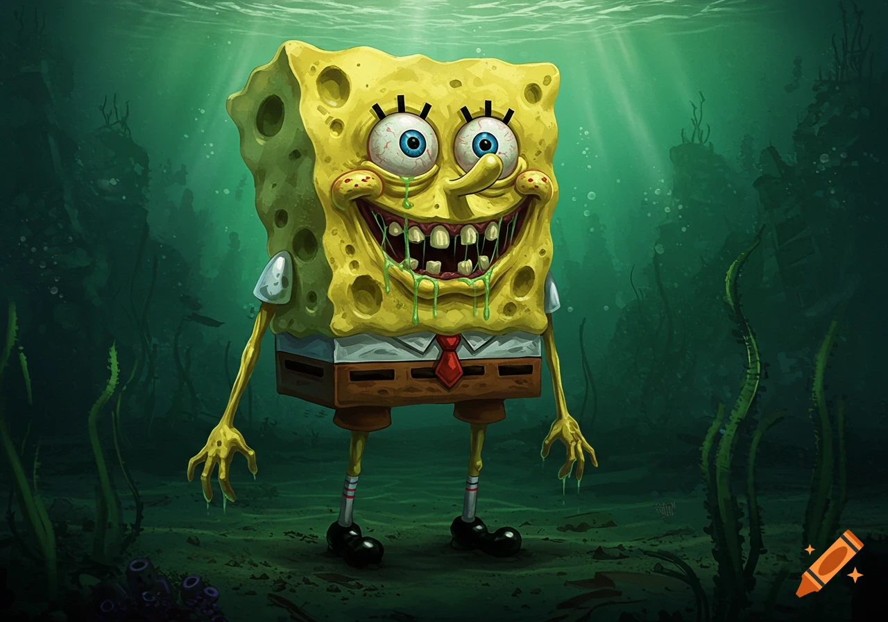 A grotesque, highly distorted, and drooling Spongebob Squarepants with bloodshot eyes and rotting teeth stands on the ocean floor.