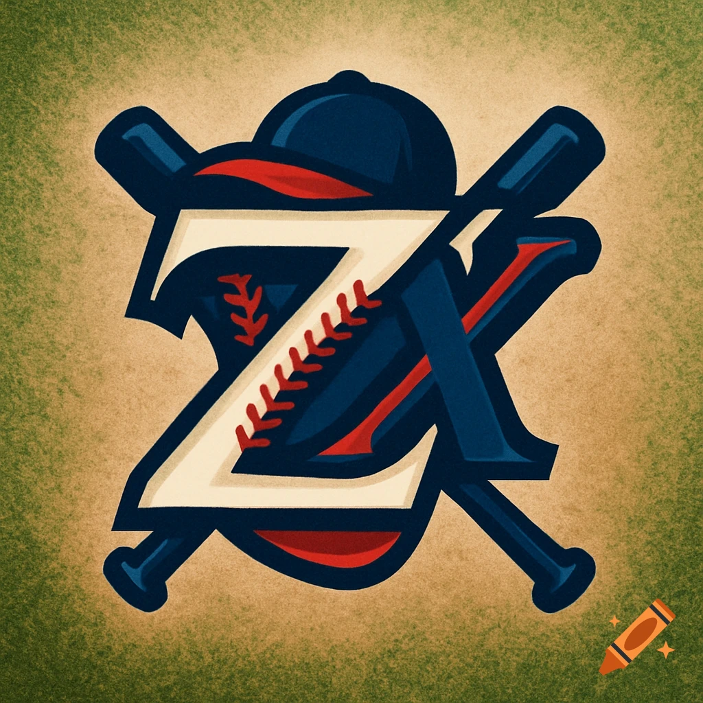 A vintage-style baseball logo featuring a large 'Z' with baseball stitching and an 'X', crossed bats, and a cap.
