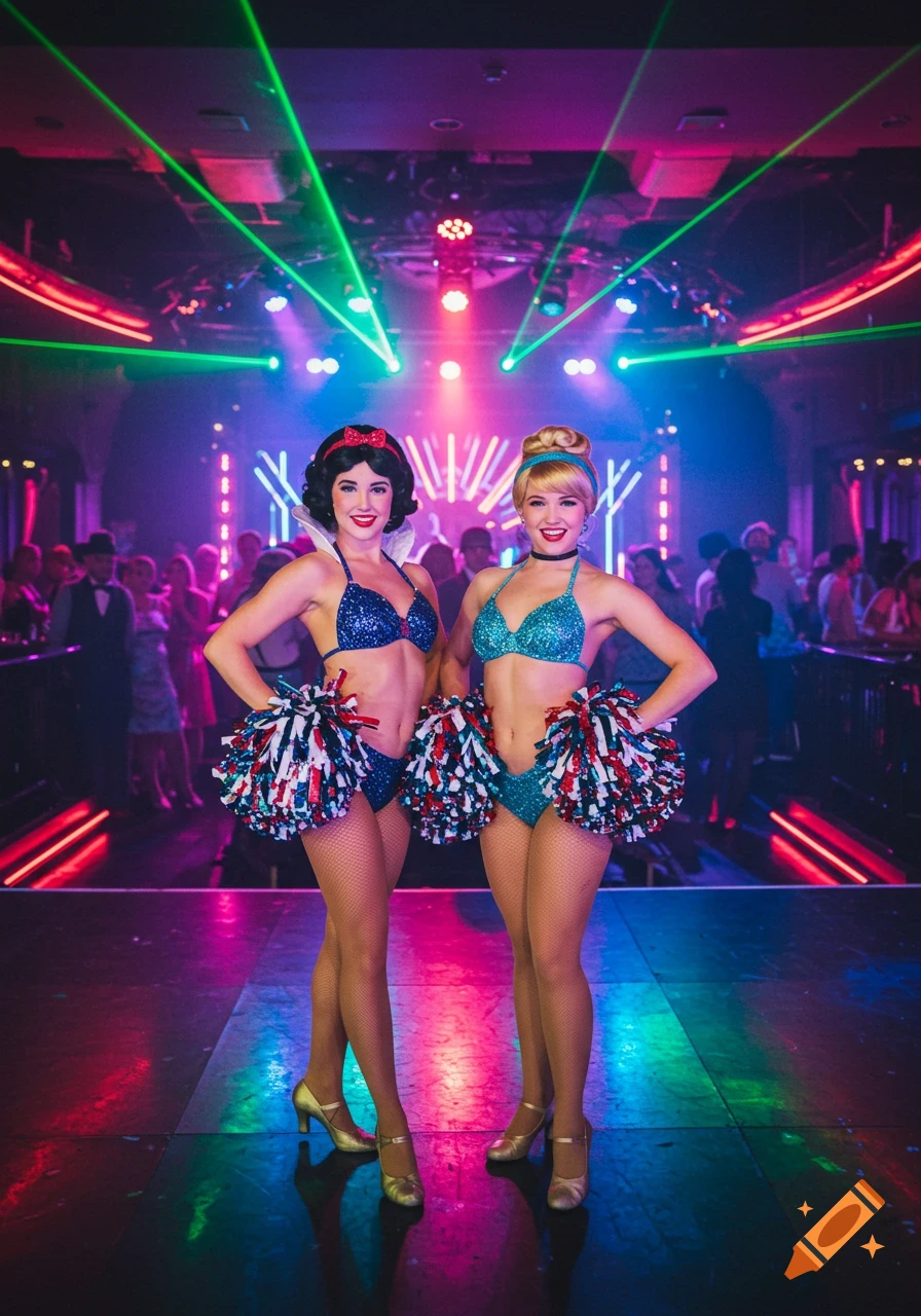 Two photorealistic female performers in Snow White and Cinderella bikinis, holding pom-poms on a vibrant nightclub stage.