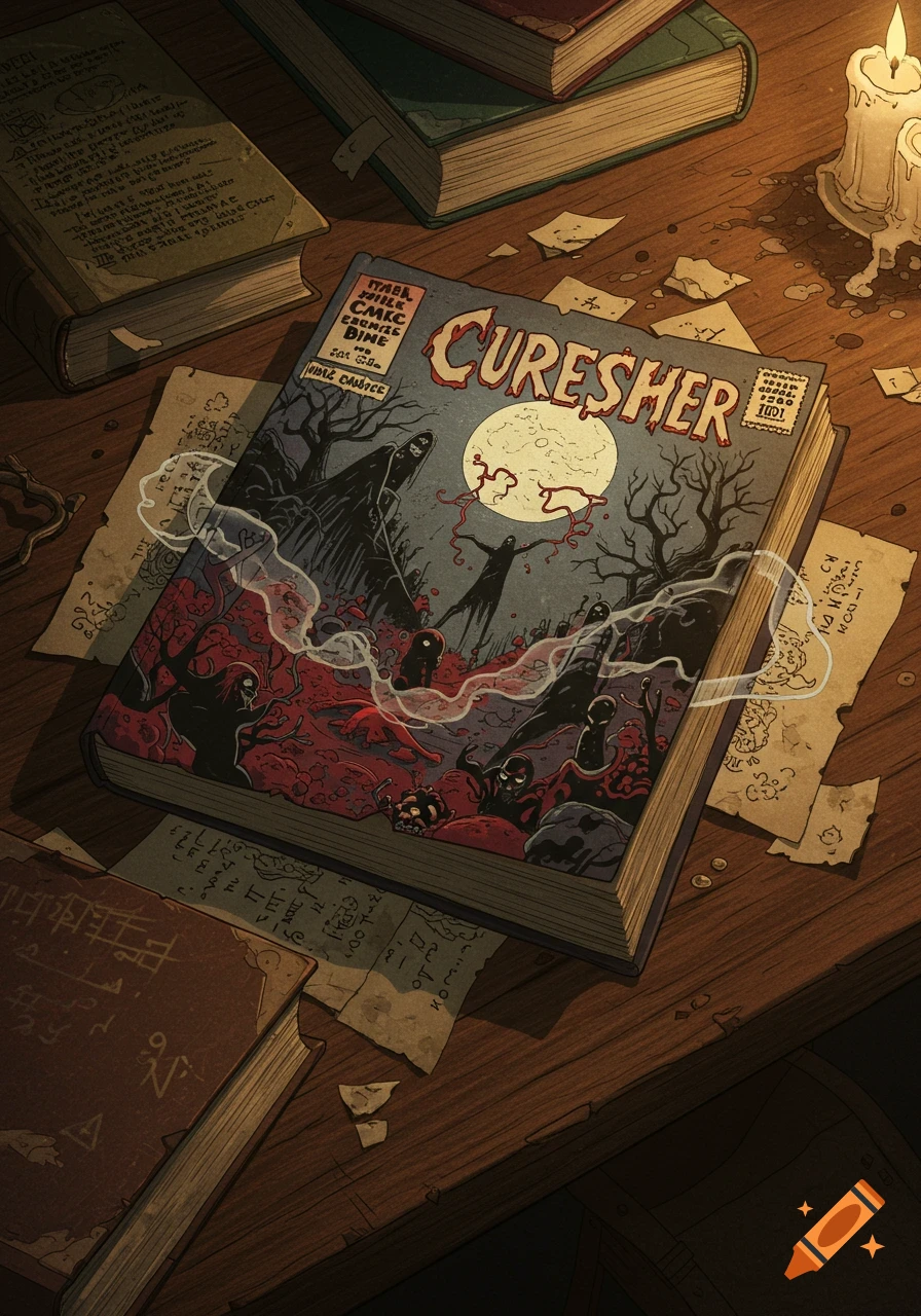 A horror-themed comic book titled "CURESHER" rests open on a wooden desk, surrounded by old books, scattered notes with occult symbols, and a burning candle. The comic cover depicts shadowy figures, a full moon, and blood-like tendrils.