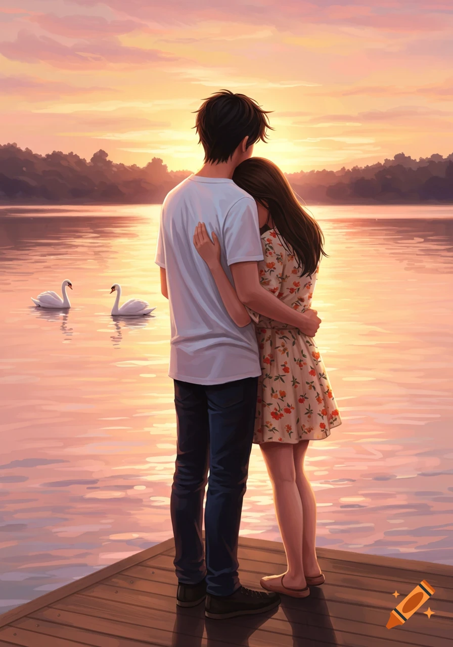 An anime-style illustration of a couple embracing on a wooden dock, watching the sunset over a serene lake with two swans.