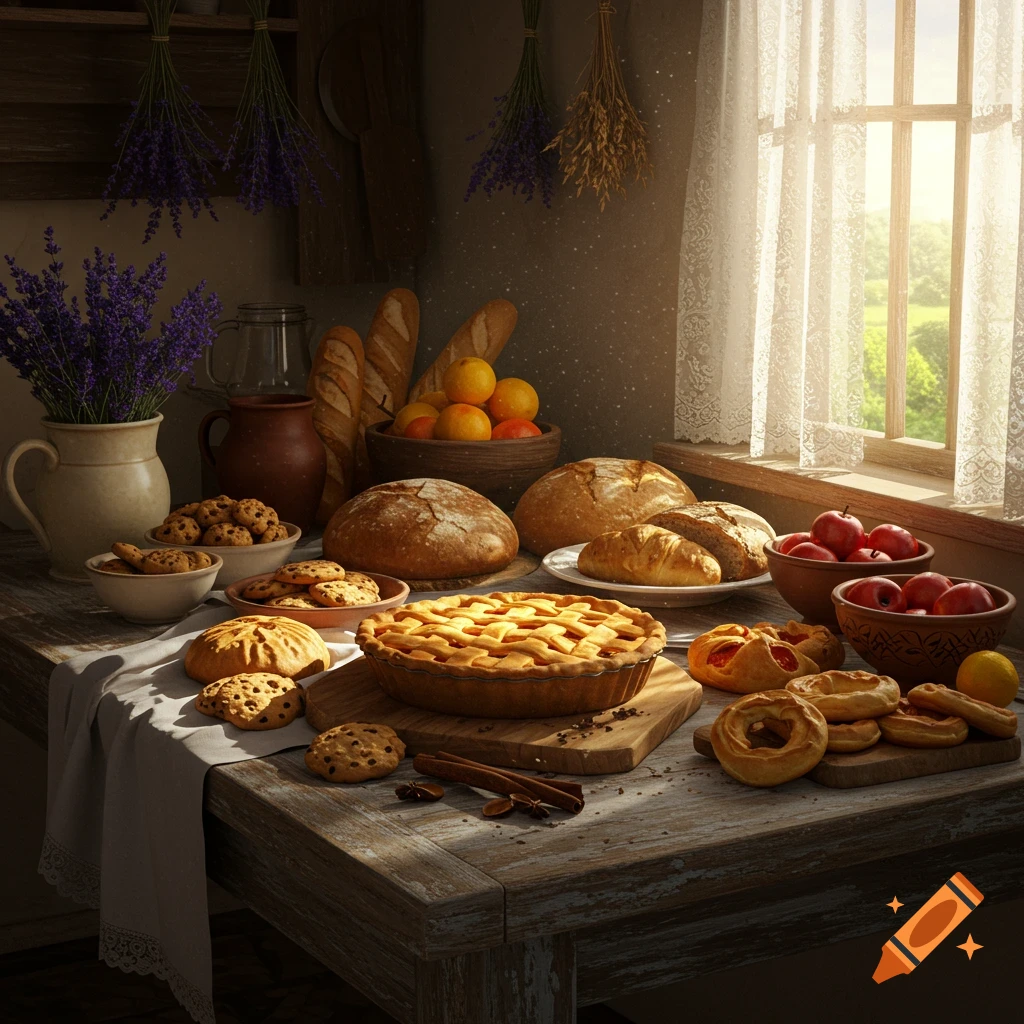 A rustic wooden table is laden with an assortment of baked goods, fresh fruits, and flowers, illuminated by sunlight streaming through a lace-curtained window.