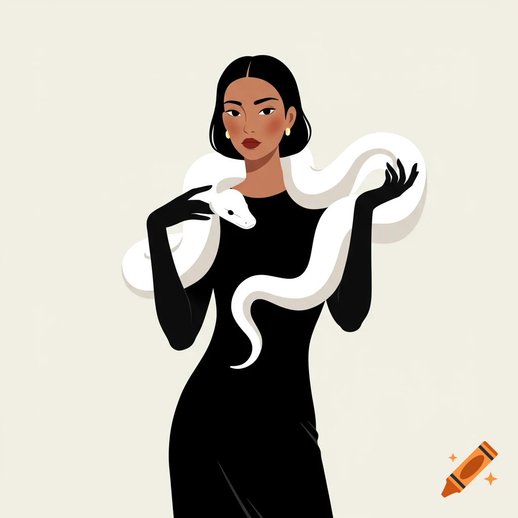 A stylized illustration of a woman in a black dress with a white python draped around her shoulders.