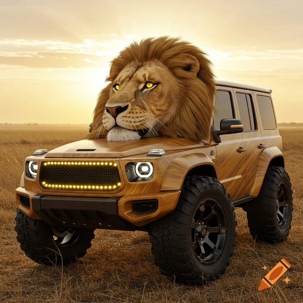 A majestic lion's head integrated onto the front of a custom wooden off-road vehicle in a golden savanna landscape.